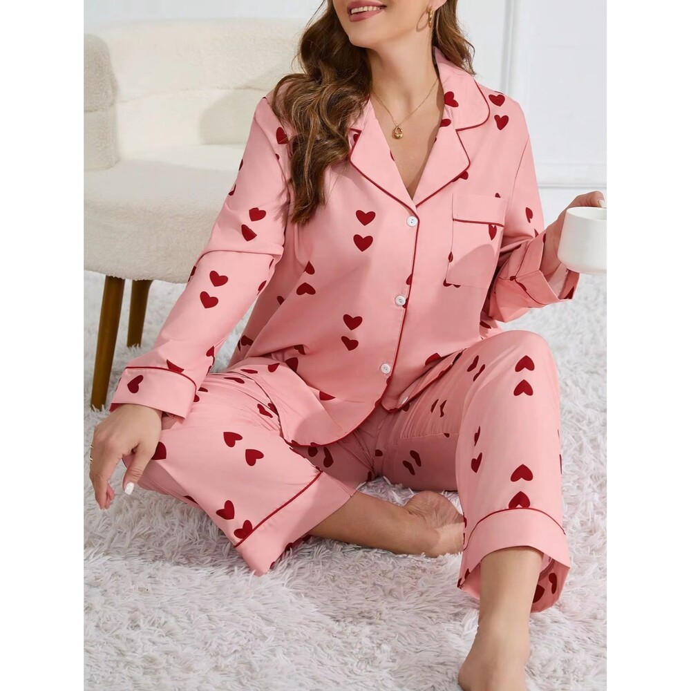 Womens 2X Pink Print Cotton Blend Pajama Set Button Up Long Sleeve Shirt Pants